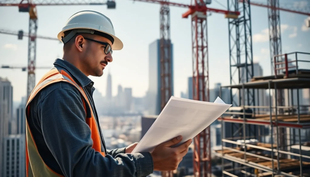 Manhattan General Contractor reviewing blueprints on a bustling construction site.