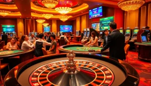 Kết quả bóng đá displayed on a vibrant digital screen in a luxurious casino setting with eager gamblers at tables.