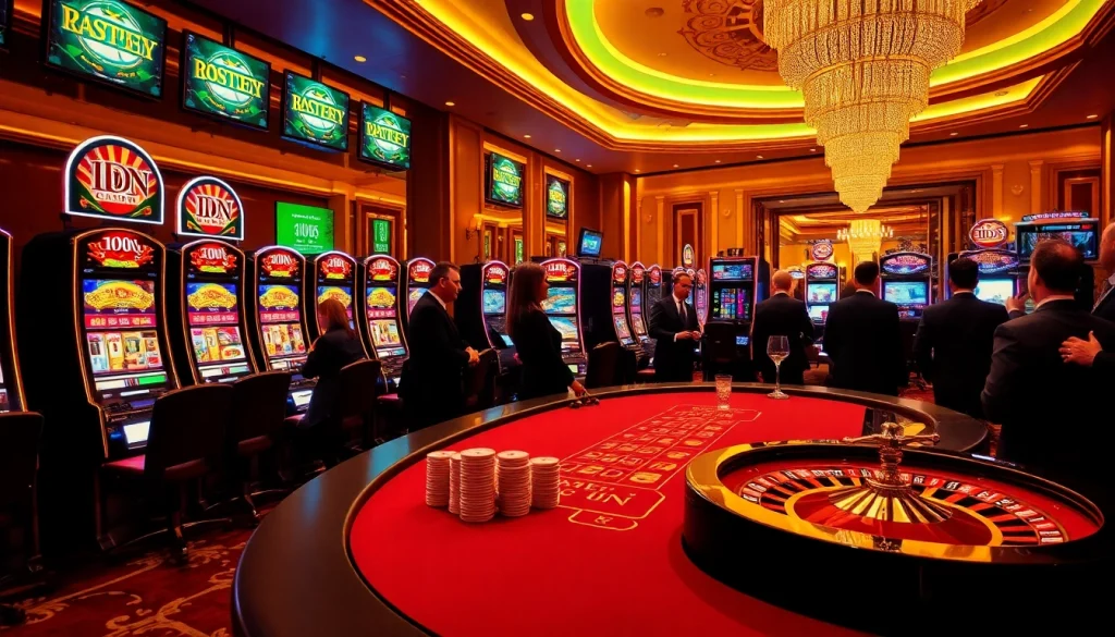 Players enjoying thrilling idn slot games in a luxurious casino atmosphere filled with vibrant colors.