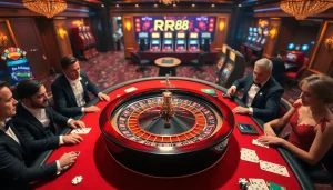 RR88 casino gaming scene showcasing excitement with poker chips and roulette.