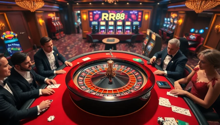 RR88 casino gaming scene showcasing excitement with poker chips and roulette.