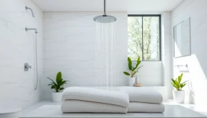 Experience sunny shower USA with a luxurious shower system in a modern bathroom setting.