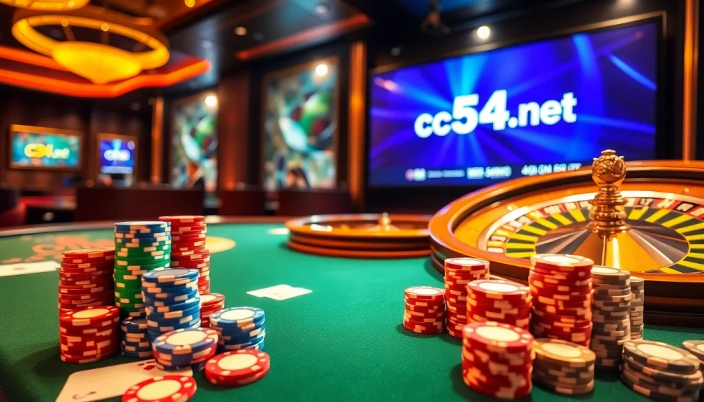 C54.gb.net showcases a vibrant casino scene with poker chips and a roulette wheel, capturing the excitement of gambling.