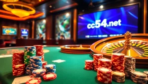 C54.gb.net showcases a vibrant casino scene with poker chips and a roulette wheel, capturing the excitement of gambling.