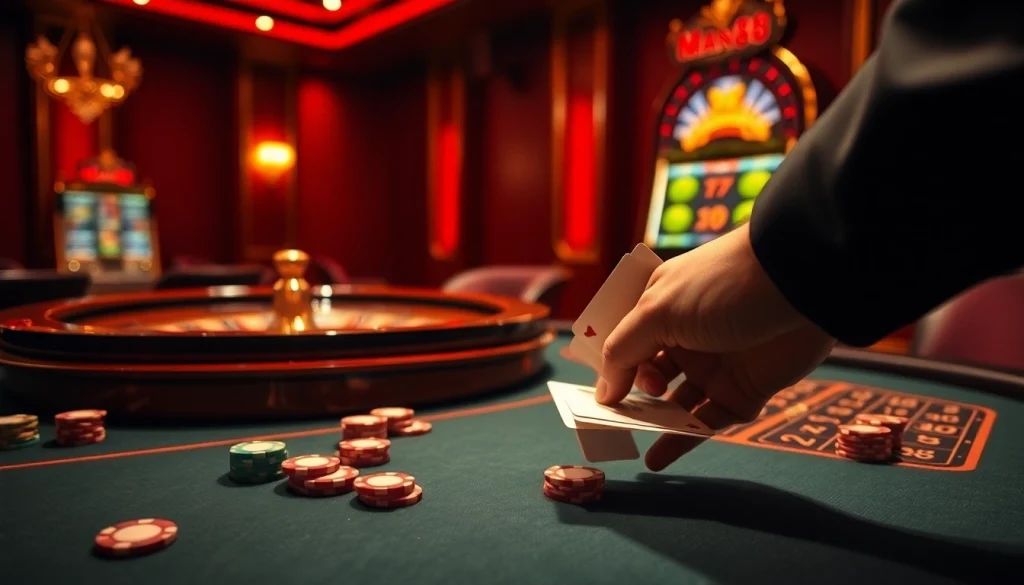 Exciting gambling scene at Man88 casino with roulette, poker chips, and vibrant slot machines.