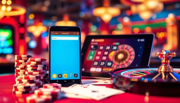 The OKWIN APP provides an exciting mobile gambling interface surrounded by poker chips and casino elements.