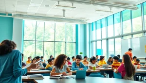 Engaged students collaborating in a modern classroom, promoting innovative education.