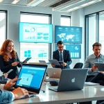 在现代办公环境中使用 WPS Office 软件的商务专业人士，展示协作与创新。