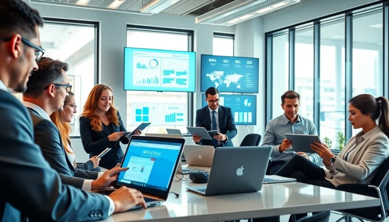 在现代办公环境中使用 WPS Office 软件的商务专业人士，展示协作与创新。