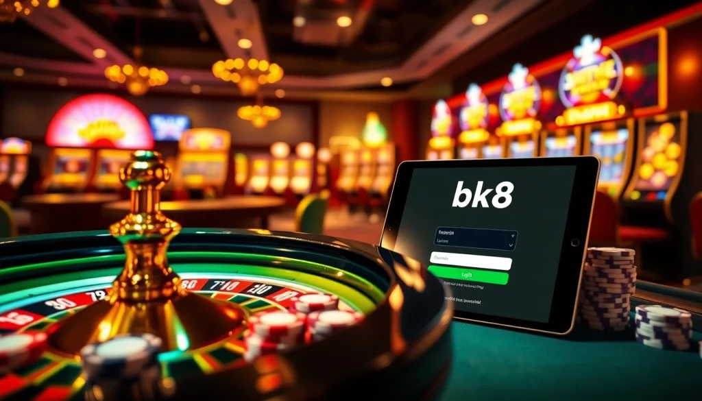 Enjoy seamless bk8 login access to thrilling casino games with a vibrant online interface featuring roulette and slots.