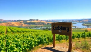 Explore the scenic vineyards of Carksburg CA under sunny skies, showcasing the area's rural charm.