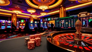 7upbet table with vibrant poker chips and roulette wheel in a luxurious casino setting