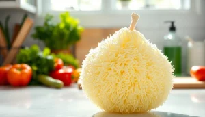 Showcasing kitchen loofah benefits through a well-composed kitchen display and natural elements.