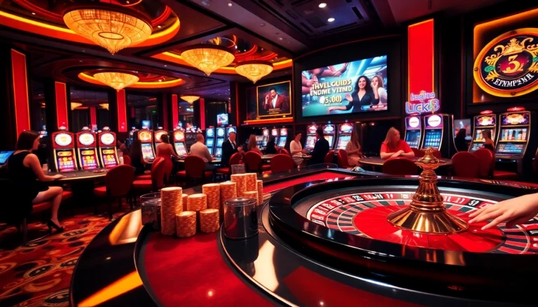 Exciting gaming atmosphere at nhà cái luck8, featuring a luxurious roulette table and vibrant patrons.