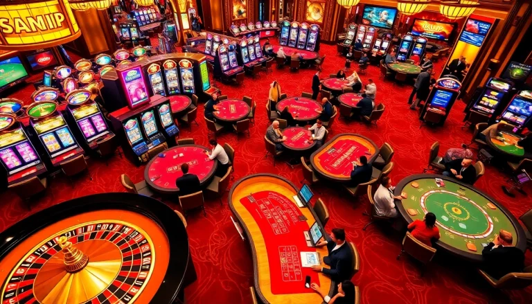 Experience thrilling games at rikvip casino with vibrant tables, engaging players, and flashing slot machines.