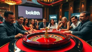 Players enjoy a thrilling game at the bk8th casino table with vibrant chips and cards.