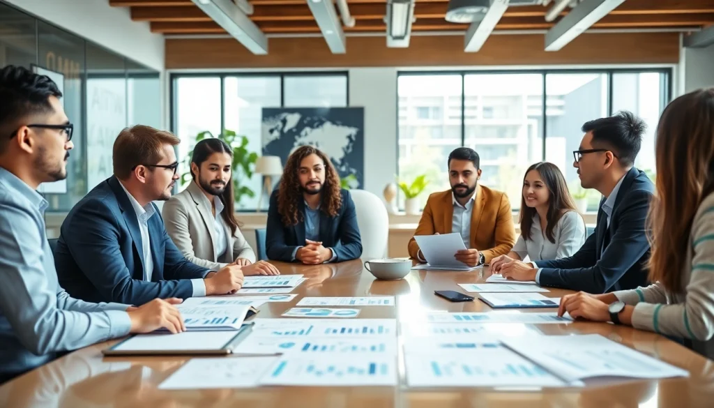 Illustration of growth strategy trends discussed during a business meeting indoors.