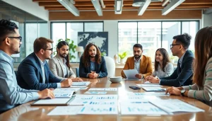 Illustration of growth strategy trends discussed during a business meeting indoors.