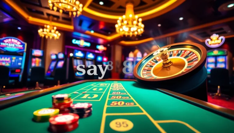 Experience exhilarating gaming moments at say88 com with vibrant casino visuals, poker tables, and slot machines.