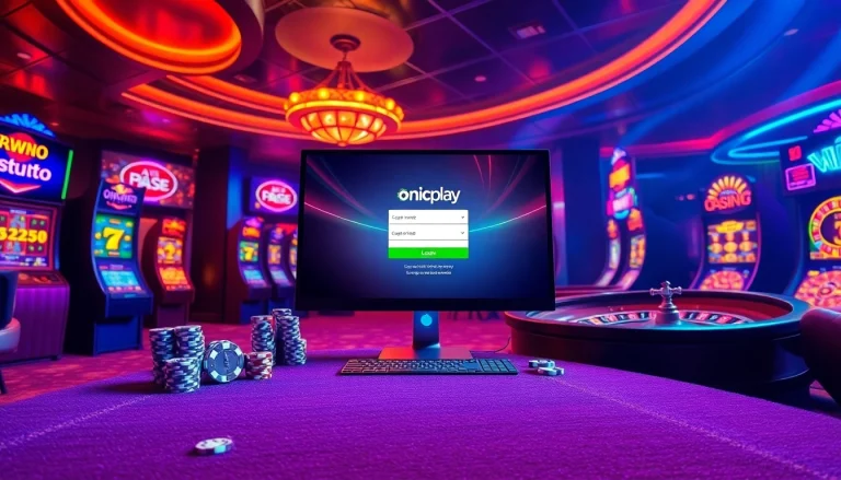 Engaging scene depicting onicplay login with vibrant casino elements like roulette wheels and slot machines.