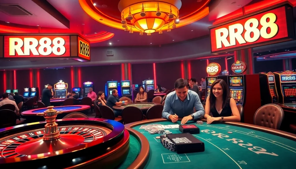 Experience the excitement of gambling at RR88 casino with vibrant roulette and poker tables.