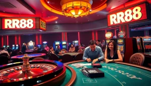Experience the excitement of gambling at RR88 casino with vibrant roulette and poker tables.