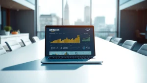 Illustrative view of the Amazon company overview featuring data analytics and a modern office