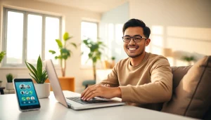 在现代家庭办公室使用 WhatsApp网页版的年轻专业人士，体现数字化沟通。