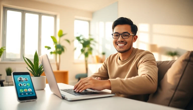 在现代家庭办公室使用 WhatsApp网页版的年轻专业人士，体现数字化沟通。