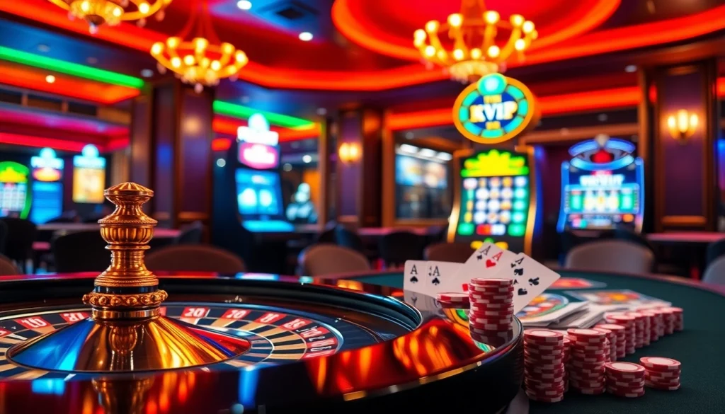 Experience the thrill of rik vip at this vibrant casino table with poker chips and cards.