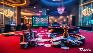 7upbet offers an exciting online gambling experience with vibrant poker chips and cards on a modern casino table.