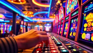 Bermain slot depo 1k dengan suasana kasino yang ceria dan mesin slot berwarna-warni.