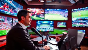 Engaging sports broadcasting host speaking dynamically in a vibrant studio.