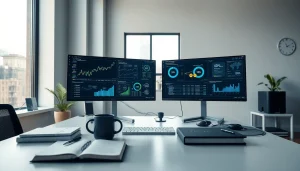 Modern workspace showcasing infosec tools and finance charts for cybersecurity professionals.