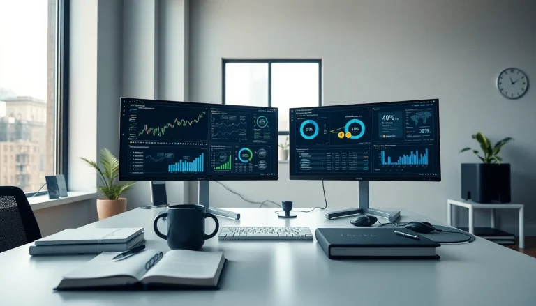 Modern workspace showcasing infosec tools and finance charts for cybersecurity professionals.