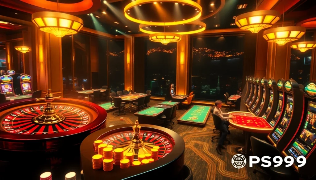 Exciting casino scene showcasing PS99 online gambling experiences with roulette and poker tables.