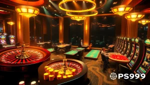 Exciting casino scene showcasing PS99 online gambling experiences with roulette and poker tables.