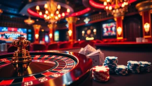 L'excitation des meilleurs casino en ligne présentée avec une table de poker luxueuse et une roue de roulette.