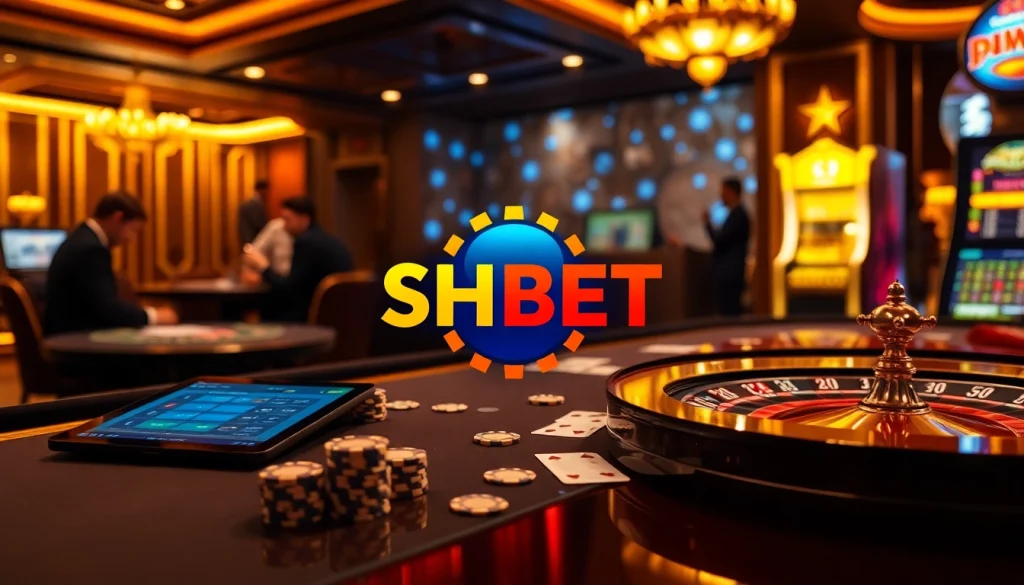 Engaging SHBET gambling atmosphere with poker chips, cards, and a roulette wheel.