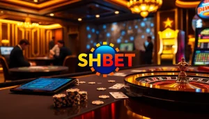 Engaging SHBET gambling atmosphere with poker chips, cards, and a roulette wheel.