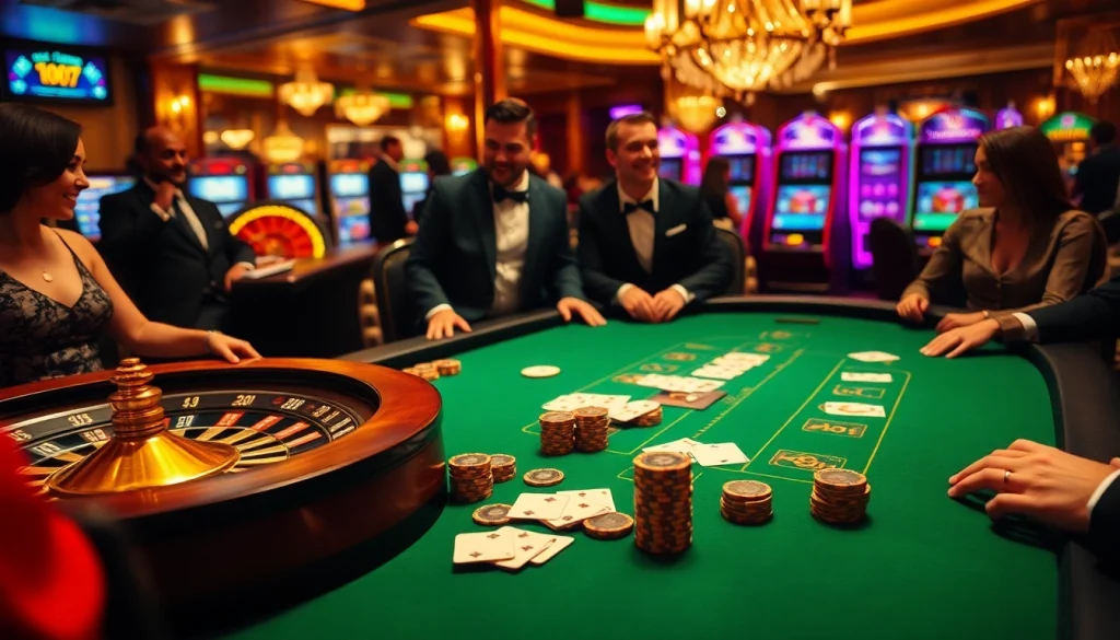 Découvrez l'excitation des meilleurs casino en ligne avec des joueurs engagés autour d'une table de poker luxueuse dans cette scène vibrante.