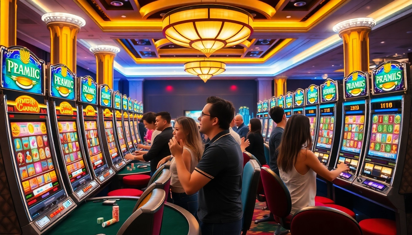 Players enjoying slot pragmatic play games in a luxurious casino setting with vibrant visuals.