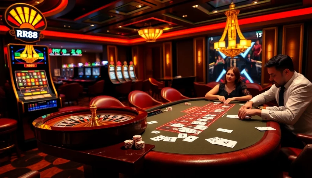 RR88 players engage in an exciting poker game at a luxurious casino table.