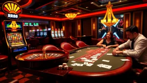 RR88 players engage in an exciting poker game at a luxurious casino table.
