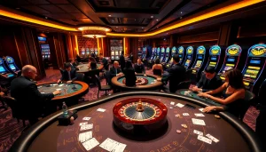 L'image montre des joueurs profitant de l'excitation aux meilleurs casinos en ligne avec des roues de roulette, des tables de poker et des machines à sous vibrantes.
