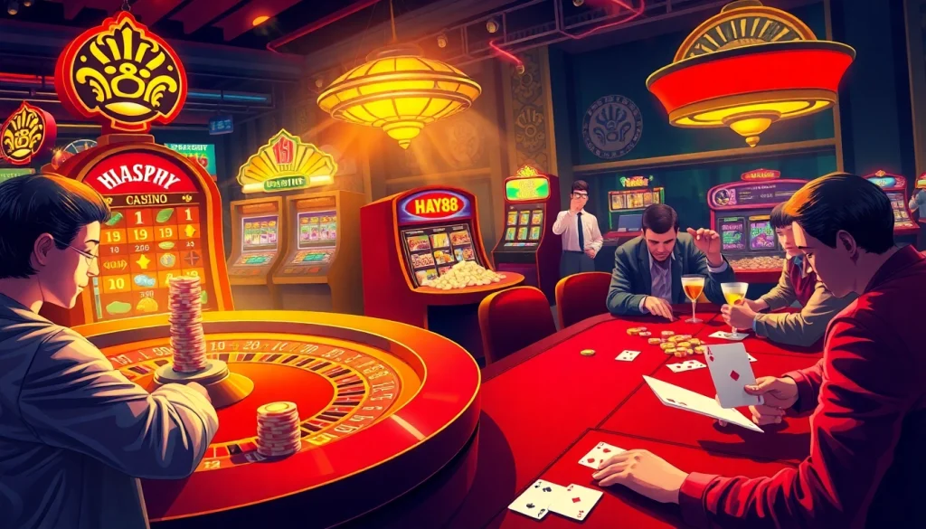 Dynamic gambling scene at Hay88 casino, featuring roulette, slot machines, and engaged players.