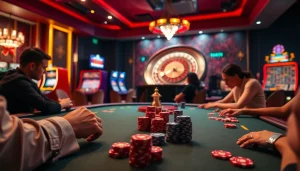 Jeu intense aux meilleurs casinos en ligne avec des joueurs autour d'une table de poker remplie de jetons.