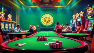 Scène captivante de casino en ligne français avec des joueurs autour des tables, mettant en avant des jetons de poker et une roulette.