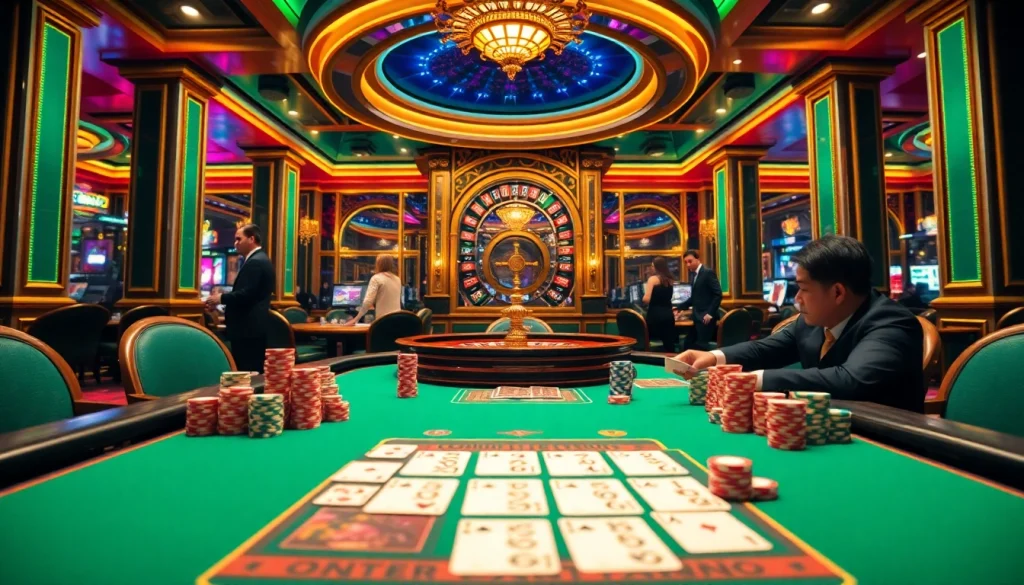 Action de poker excitante mettant en valeur les meilleurs casinos en ligne avec des jetons et des cartes vibrants à une table luxueuse.