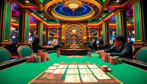 Action de poker excitante mettant en valeur les meilleurs casinos en ligne avec des jetons et des cartes vibrants à une table luxueuse.